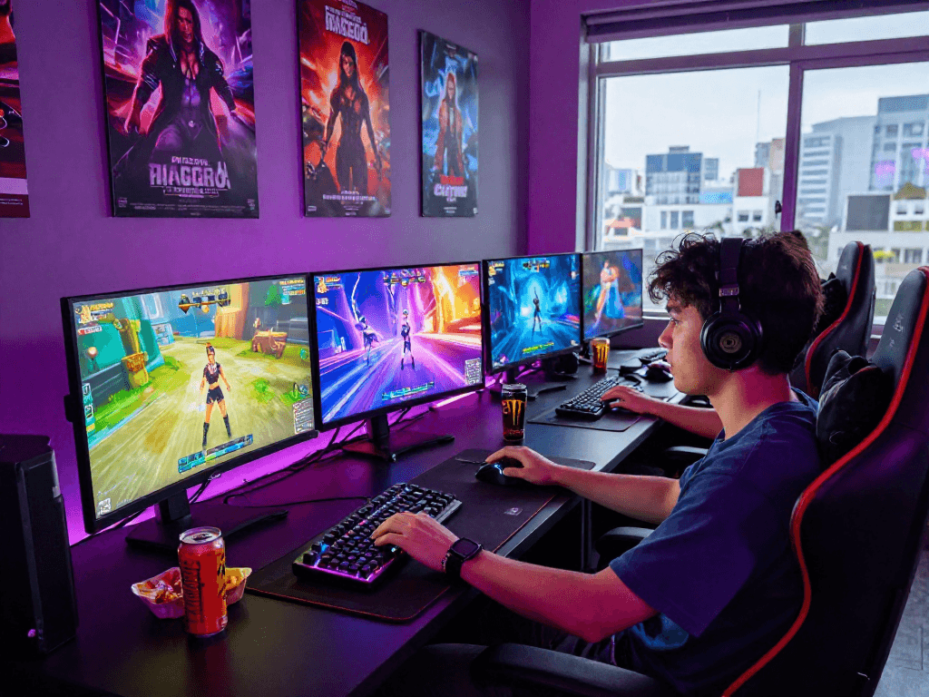 Enjoy immersive porngame experiences in a vibrant gaming lounge with dynamic visuals and engaging atmosphere.