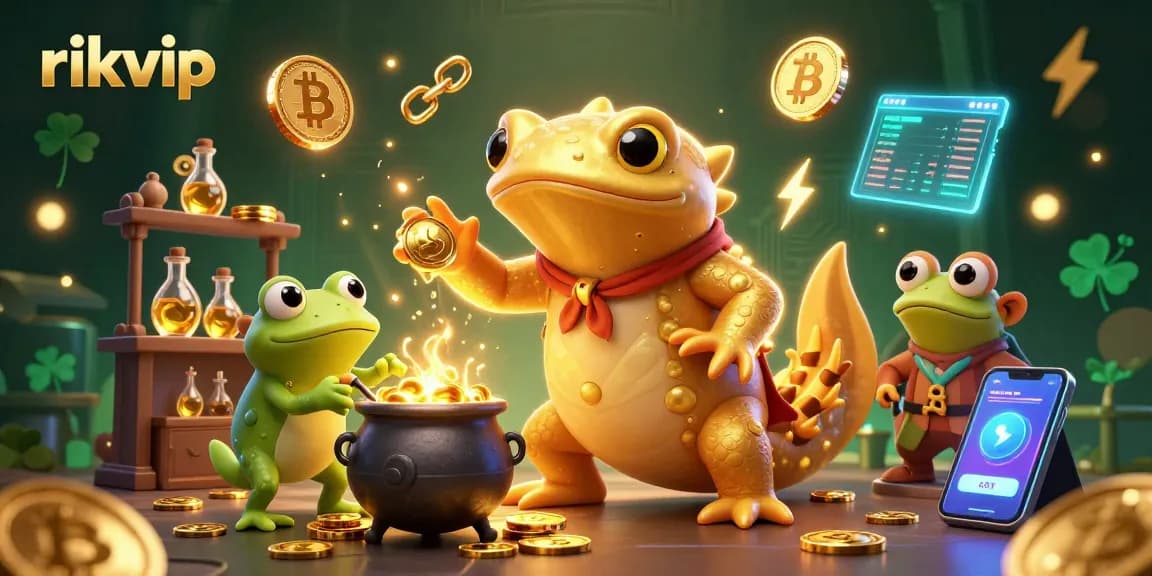 Engage with rikvip's vibrant fantasy scene of alchemy and cryptocurrency in an enchanting casino setting.
