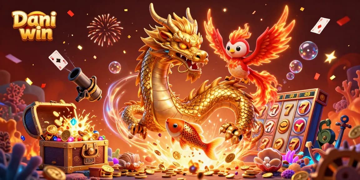 Engage in thrilling gameplay with Dhani win as a golden dragon, phoenix, and koi fish celebrate amidst dynamic casino elements.