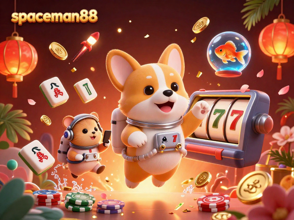 Experience spaceman88 inside a space station casino with vibrant slot reels and floating characters.
