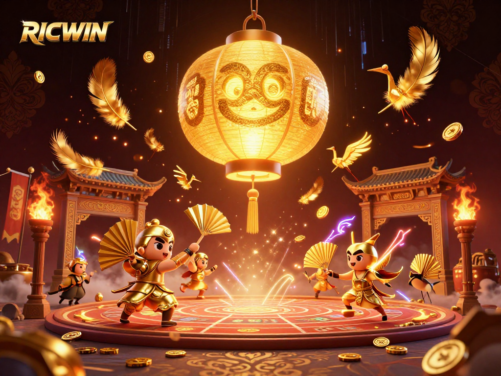 Engage at RICWIN's vibrant night market casino with golden lanterns and lucky symbols