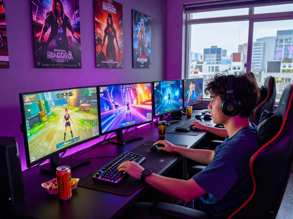 Enjoy immersive porngame experiences in a vibrant gaming lounge with dynamic visuals and engaging atmosphere.