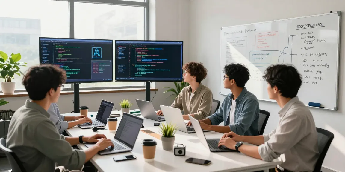 Team collaborating on generative AI projects in a modern tech office.