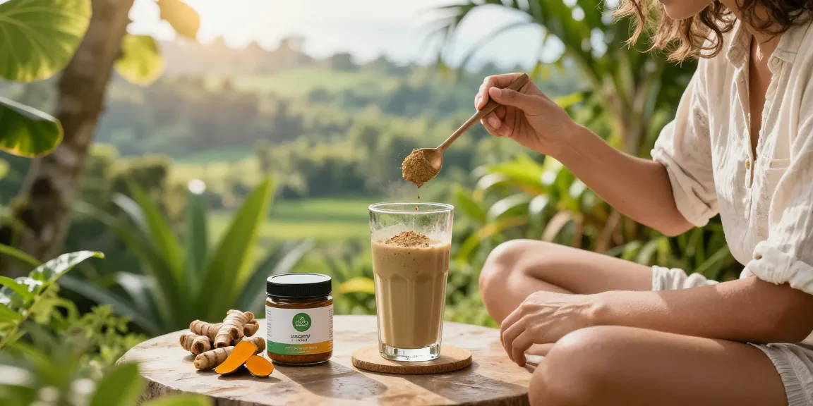 Happy Go Leafy brand Green Bali Kratom powder enjoyed in a tropical wellness setting.