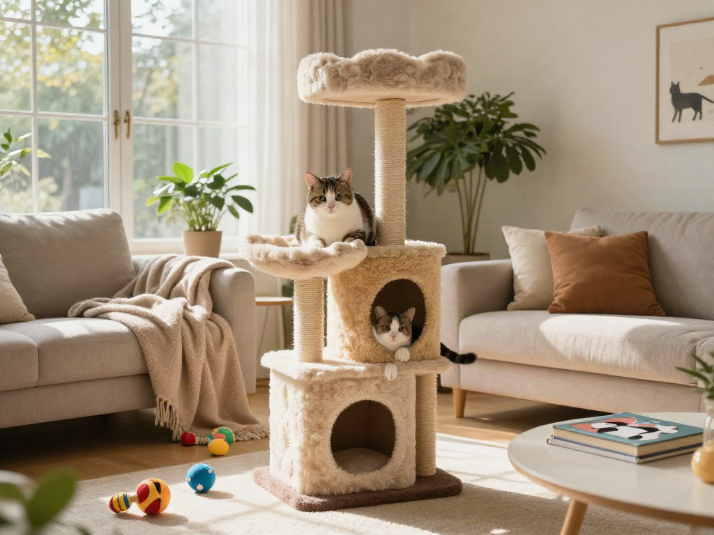 Cat tower cat tree in a stylish living room with playful cat exploring and lounging.