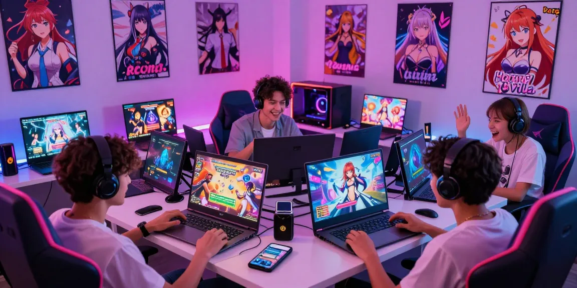 Players immersed in ecchi games, enjoying diverse adult gaming experiences on various devices in a vibrant setting.