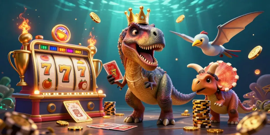 Engage with lu88a's vibrant casino action featuring T-Rex shuffling cards among players in an enticing 3D illustration.