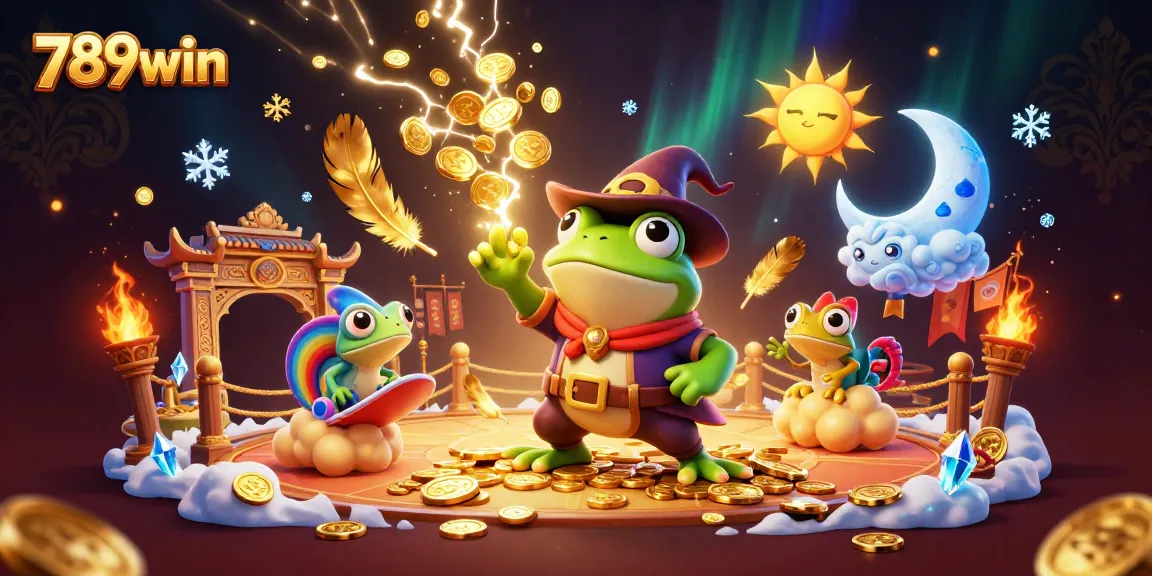 Experience the thrilling 789win casino with a vibrant storm of coins and colorful characters.