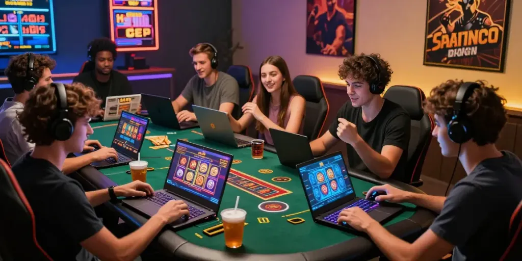 Exciting online gaming community at https://tx88bet.vip/ enjoying live casino games with laptops and mobiles in a vibrant, modern setup.