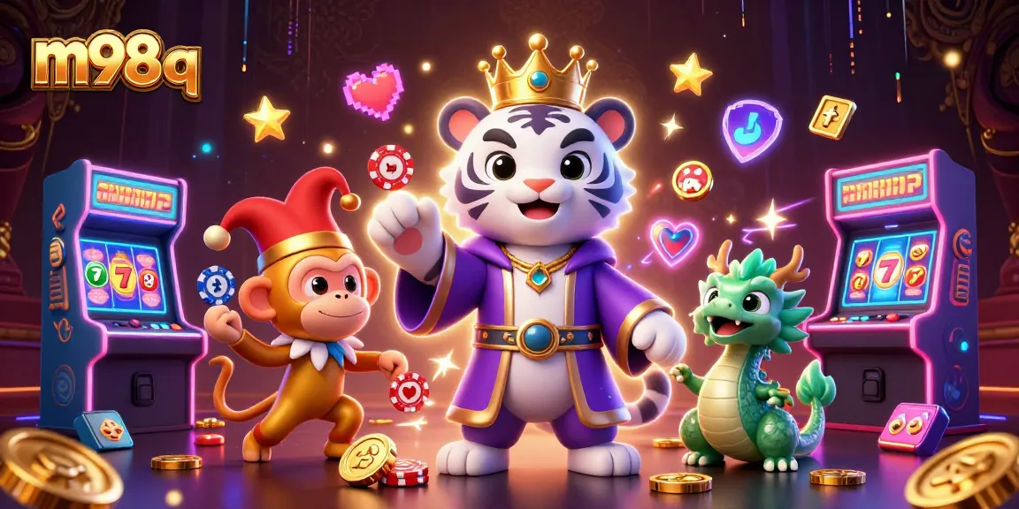 Engage in thrilling gameplay with m98 q, featuring a royal tiger, jester monkey, and mystical dragon in a vibrant casino.