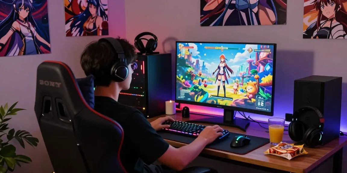 Gamer enjoying a hentai game in a cozy room with vibrant graphics and gaming accessories.