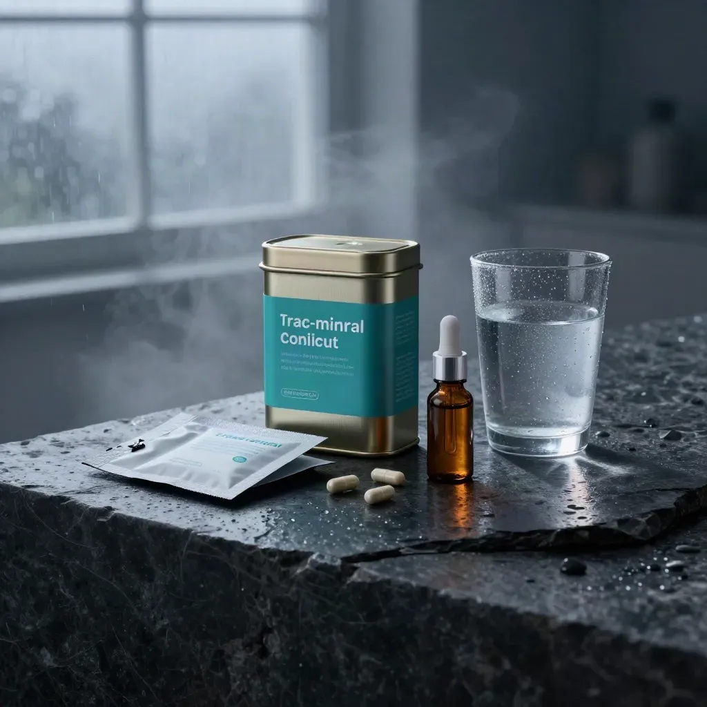 Mineral supplements on a dark stone island at rainy dawn with a water glass and capsules