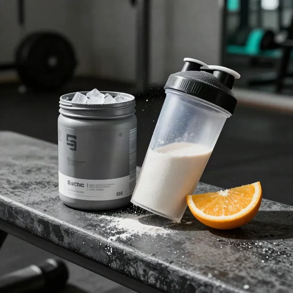Electrolyte powder canister and shaker with ice, citrus wedge and floating powder on a gym bench.