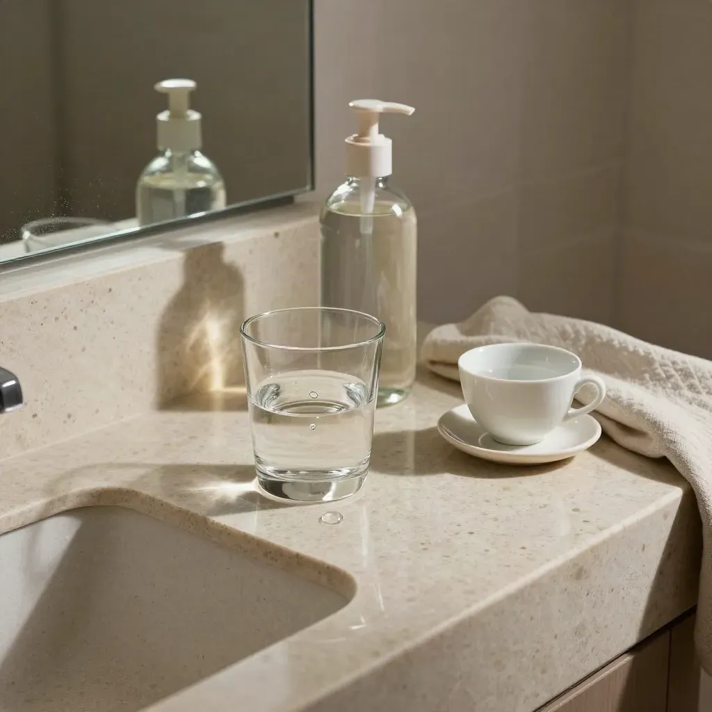 Mineral drops bottle, water ripple in a glass, tea cup and coaster on a bathroom shelf.