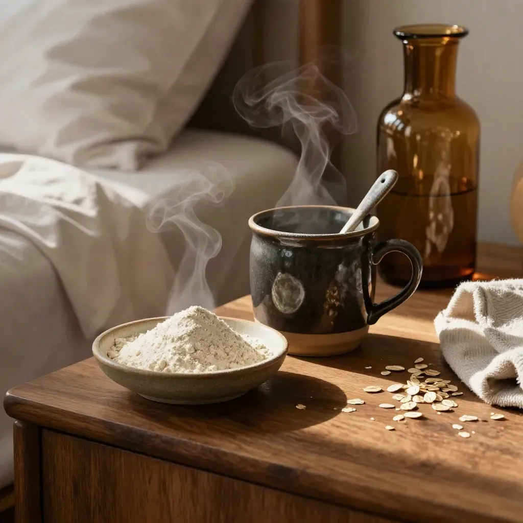 Steam curls from a bedside mug beside magnesium powder, a ceramic spoon, blanket and carafe.
