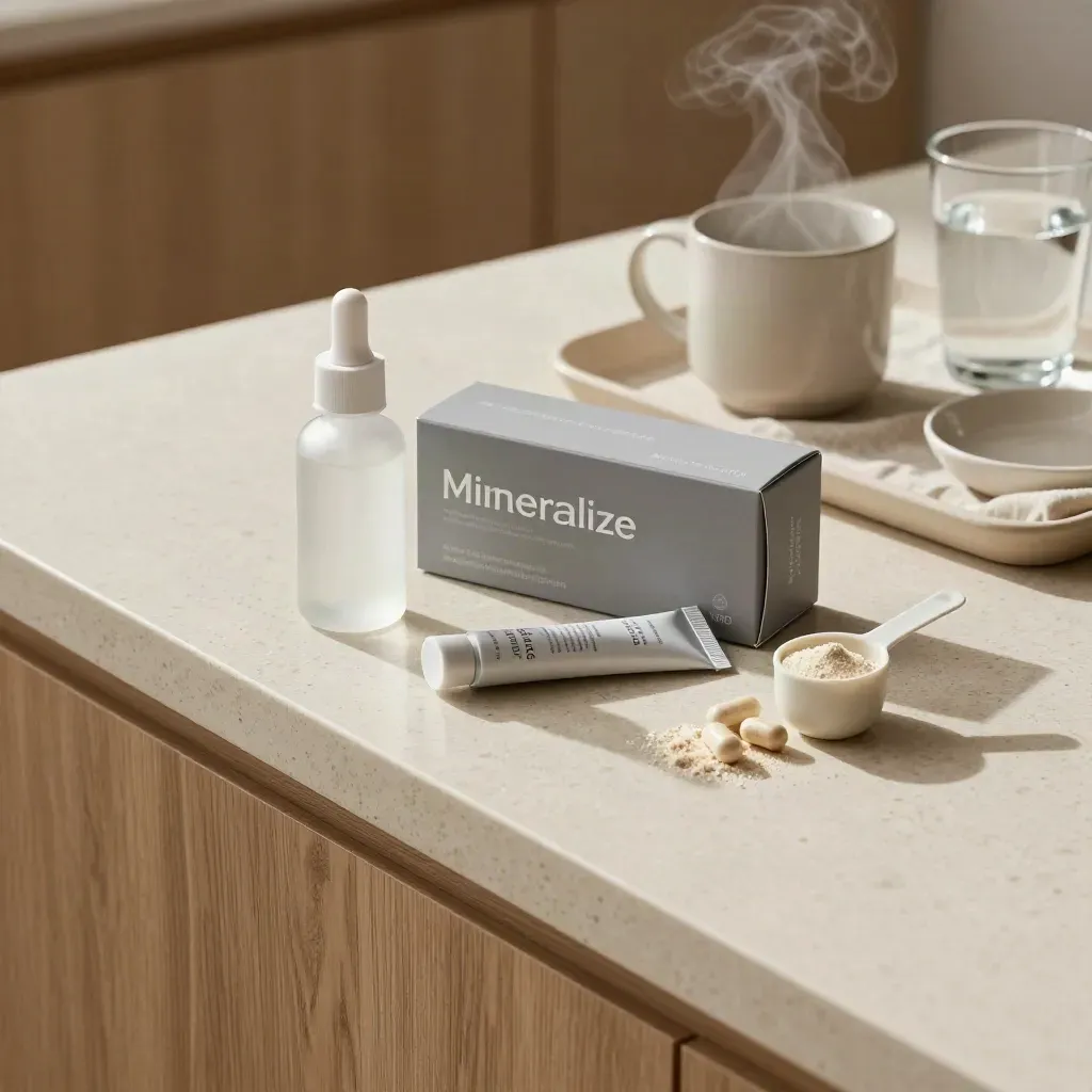 Opened mineral hydration starter box with drops, capsules and powder beside a steaming breakfast tray.