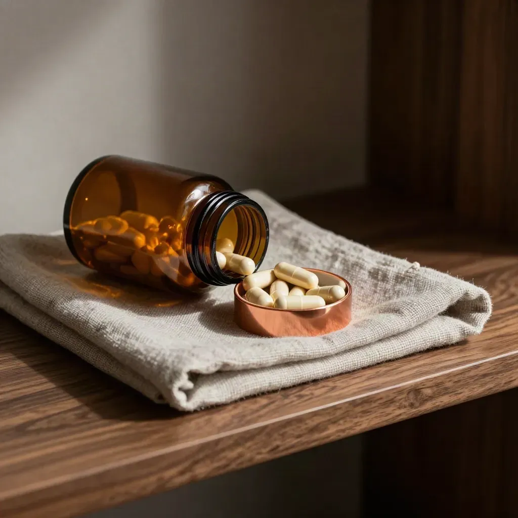 Capsule bottle, dish of capsules and folded linen on a walnut shelf