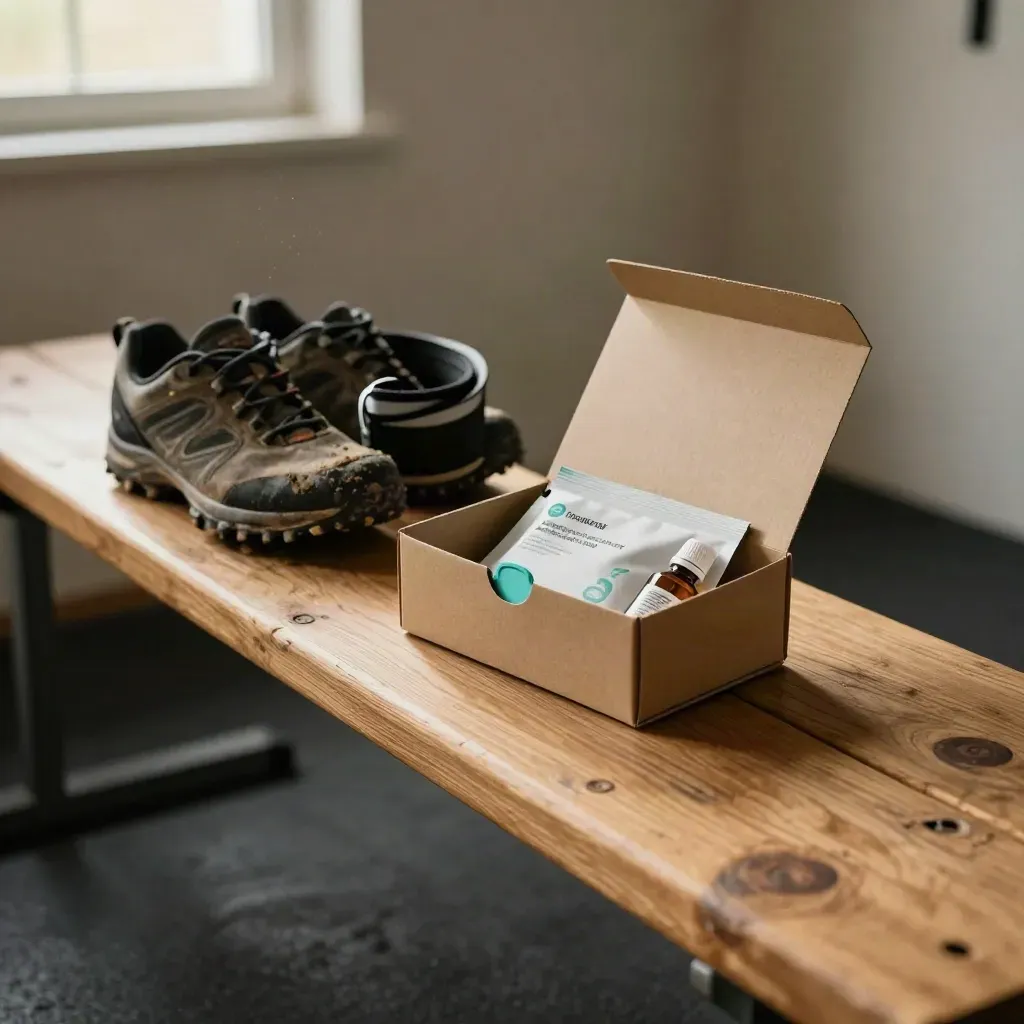 Open refill box beside trail shoes and a race belt on a bench in warm window light
