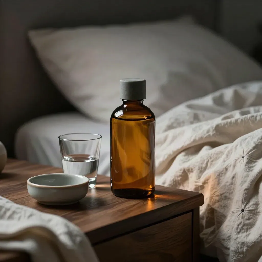 Magnesium bottle and water glass beside soft blanket folds on a dim bedside table.