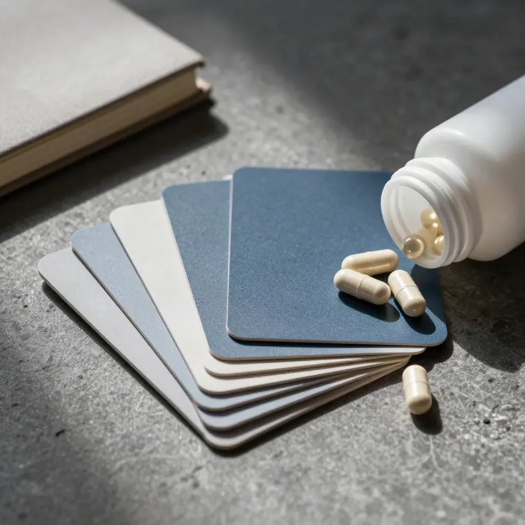 Top-down mineral guide cards, notebook and capsule bottle on graphite stone, softly lit.