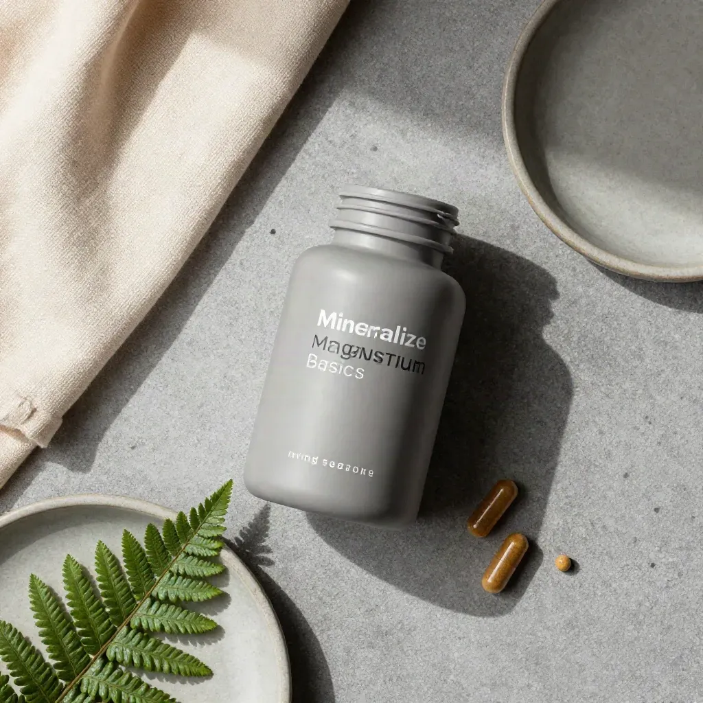Top-down magnesium bottle with capsules, ceramic dish, flax cloth and fern on stone.