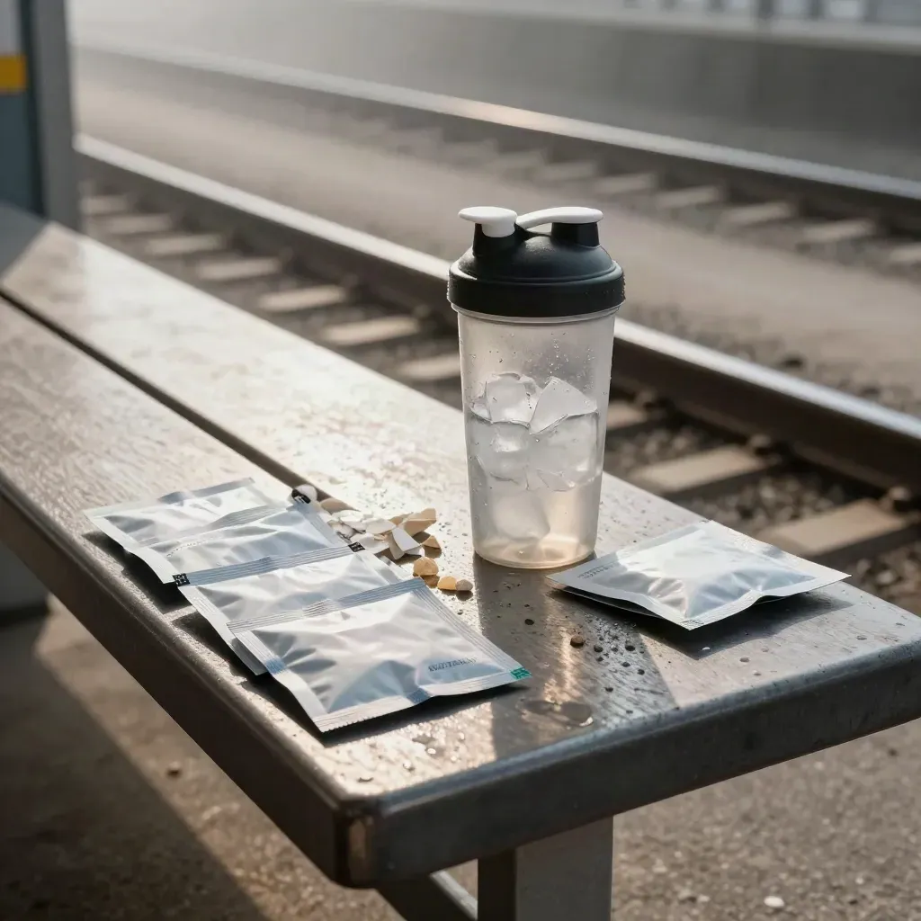 Electrolyte sachets and a chilled shaker bottle on a commuter bench with crushed ice.