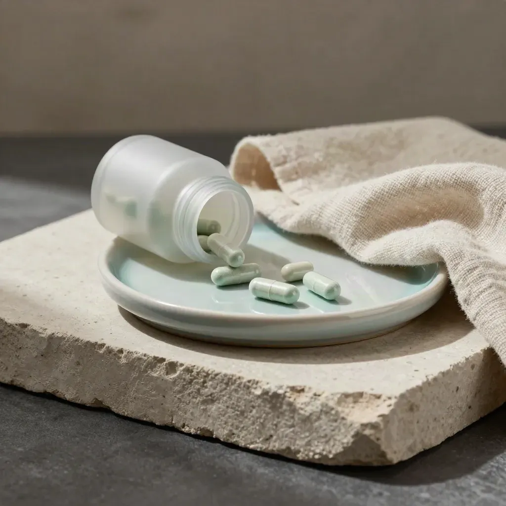 Zinc supplement bottle, capsules and linen cloth on a ceramic tray