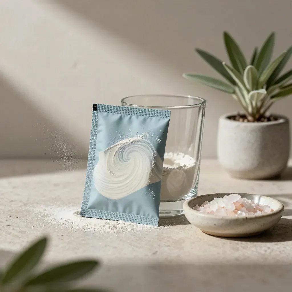 Electrolyte sachet, water glass, salt dish and plant on a pale stone desk.