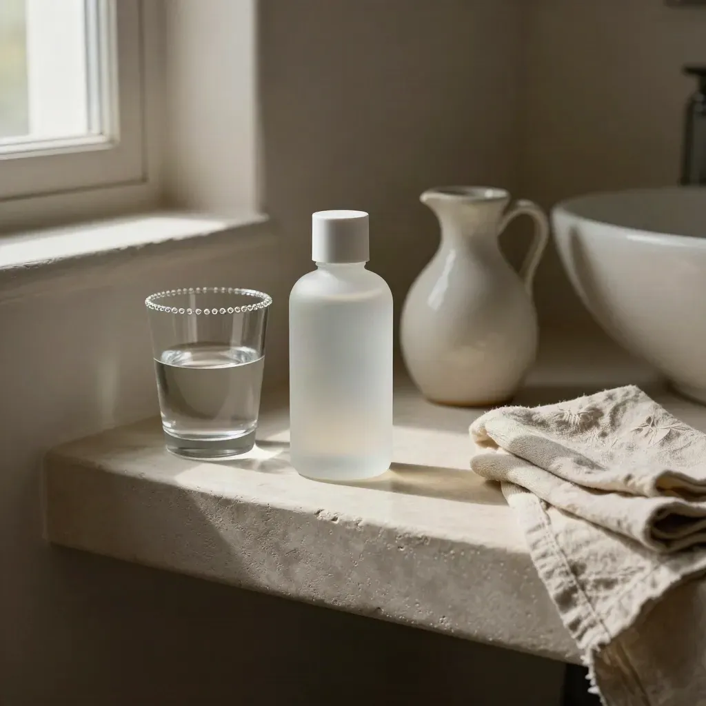 Mineral drops bottle with water glass, ceramic jug and folded linen on a bathroom shelf.