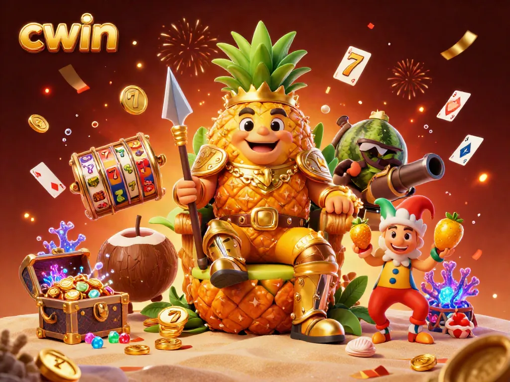 Feel the thrill of cwin as the golden pineapple king leads a lively beach casino, celebrating with falling coins and playful characters.