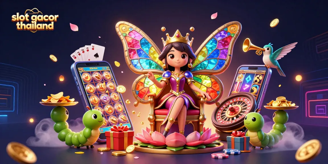 Engage with slot gacor thailand in an enchanting casino scene featuring a butterfly queen and gold chips.
