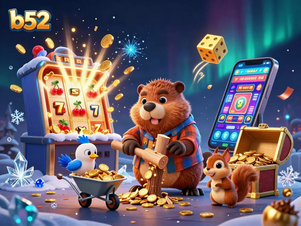 Spin the reels with b52's vibrant casino-themed illustration showcasing a lumberjack beaver.