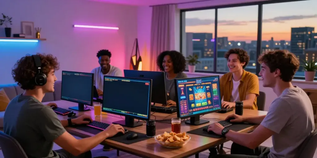 Exciting online gaming night at home with friends engaging with nhà cái debet on a sleek console.