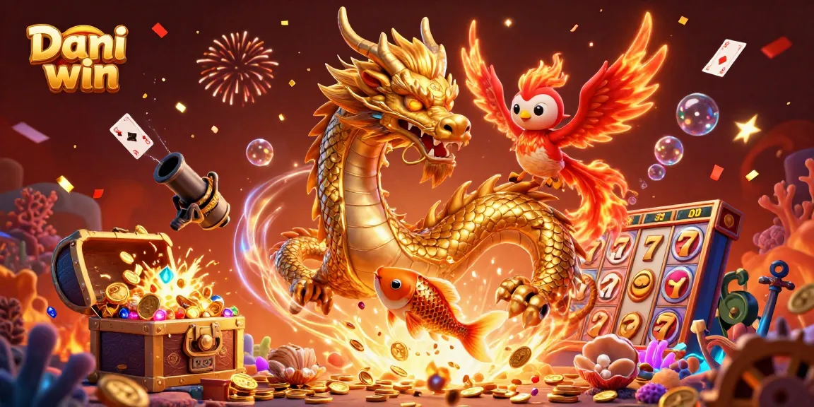 Engage in thrilling gameplay with Dhani win as a golden dragon, phoenix, and koi fish celebrate amidst dynamic casino elements.