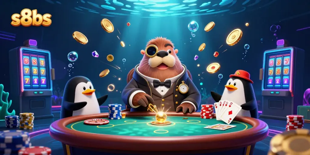 Engage in an underwater poker scene featuring s8bs with a walrus, penguin dealer, and pufferfish player.