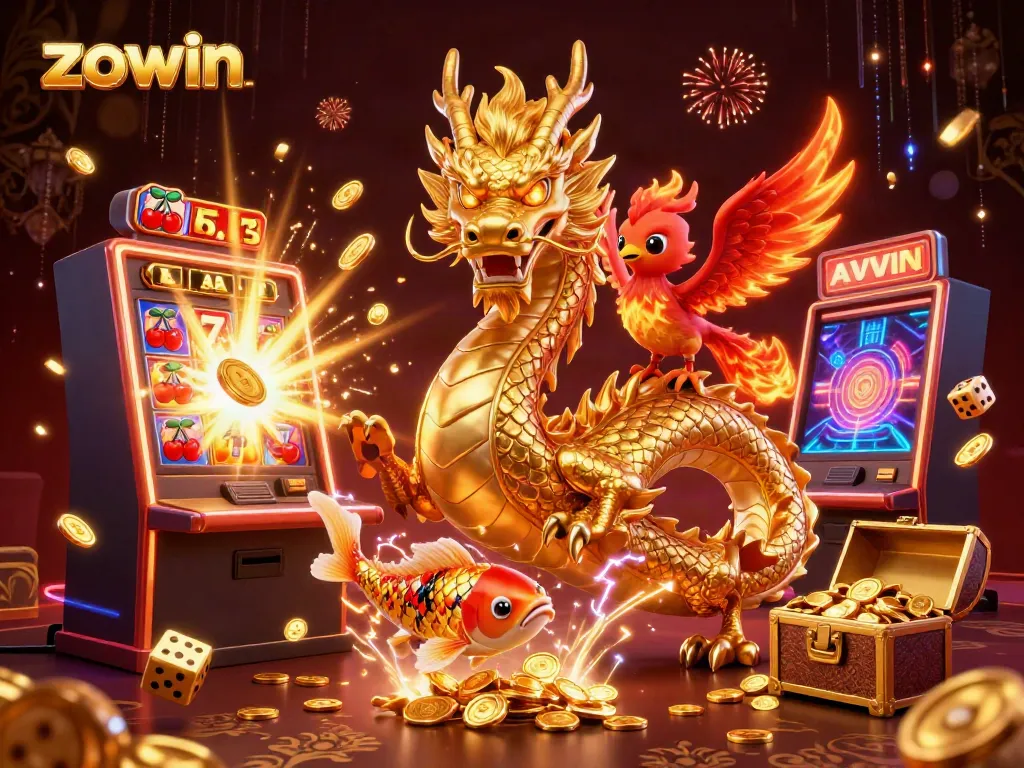 Experience thrilling wins with zowin's captivating dragon and casino elements in this vibrant scene.