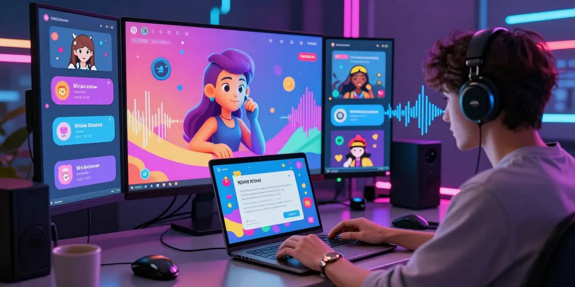 Dynamic digital chat scene illustrating users engaging in ecchi AI chat with animated characters, surrounded by colorful tech elements.