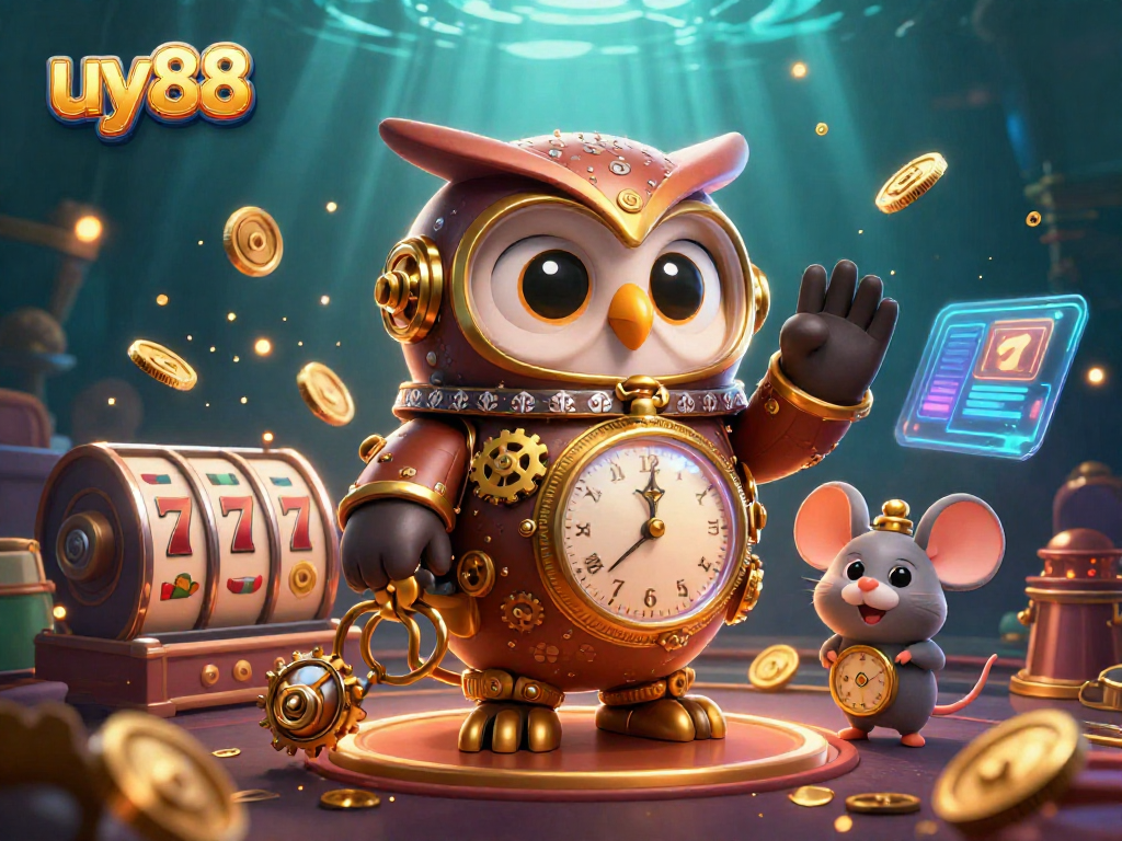 Spin the vivid slot reels at uy88 with a whimsical owl and mouse in a rich casino scene.