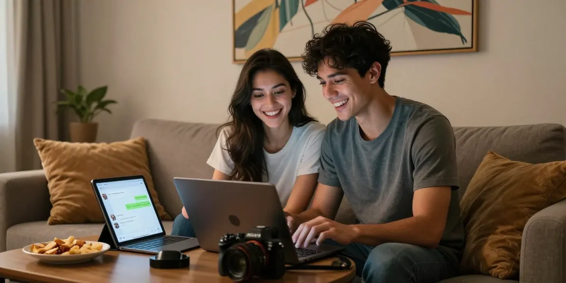 AI porn chat with a couple connecting in a cozy living room, showcasing modern romance