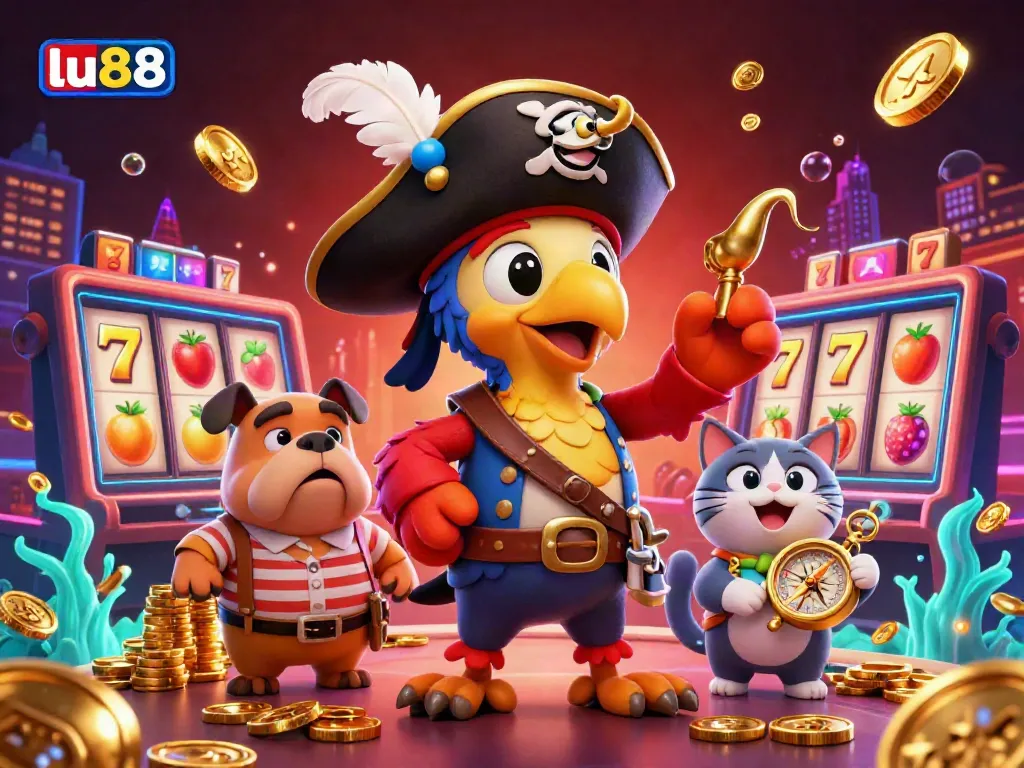 Join the excitement at lu88 with a 3D scene featuring vibrant slots, pirate-themed characters, and sparkling treasure.