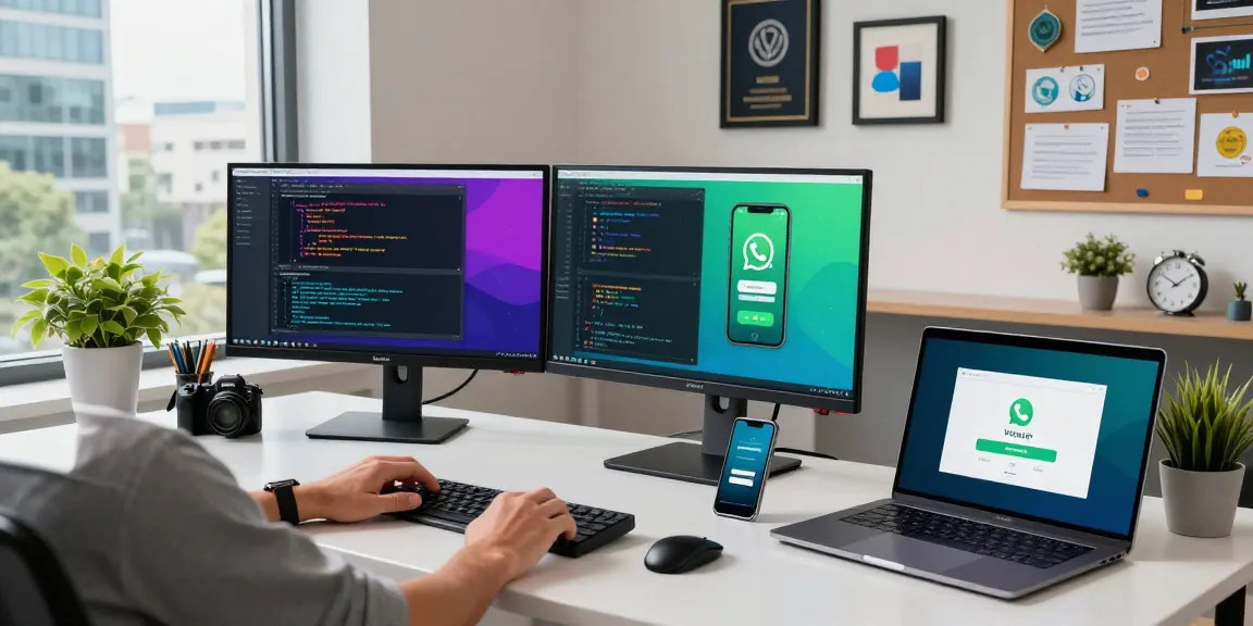 Tech workspace showcasing WhatsApp下載 installation with dual monitors, laptop, and coding elements.