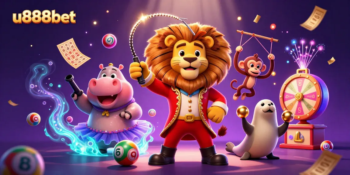 Engage with thrilling moments at u888bet, where colorful lottery balls bounce among circus characters in a vibrant casino scene.