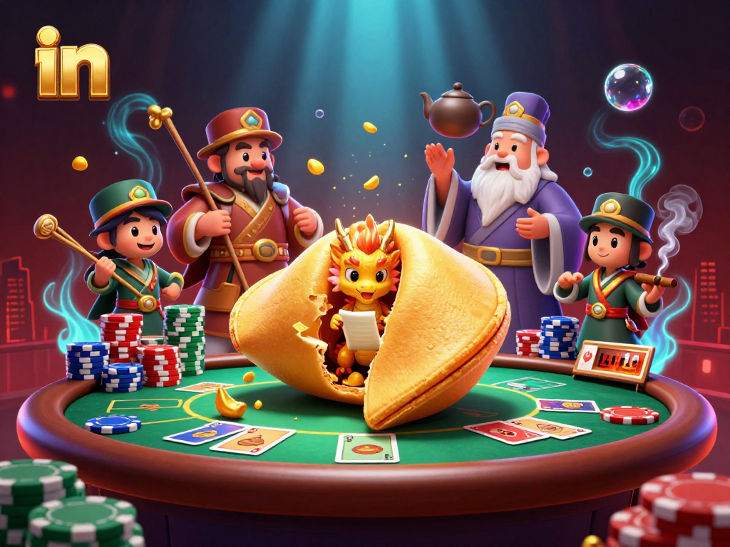 Engage in thrilling poker action with a giant golden fortune cookie scene, featuring intricate casino elements.