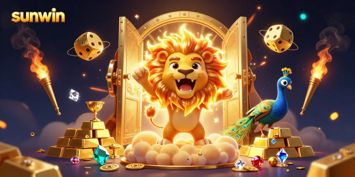 Experience the thrill of winning at sunwin with a roaring sun lion, golden dice, and colorful gems in a vibrant 3D casino illustration.